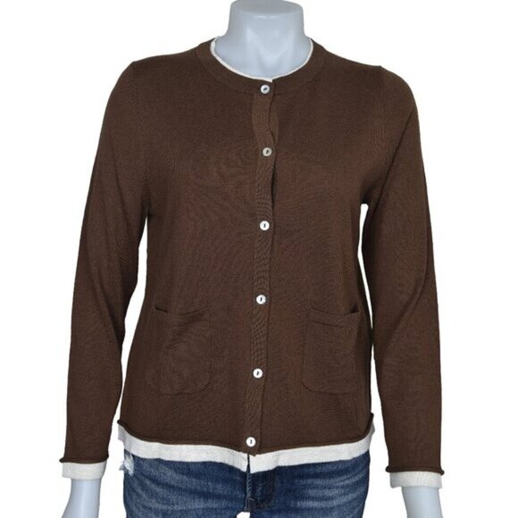 NWT Zara Contrast Trim Knit Cardigan Sweater Brown Long Sleeve Size Medium - Picture 5 of 12